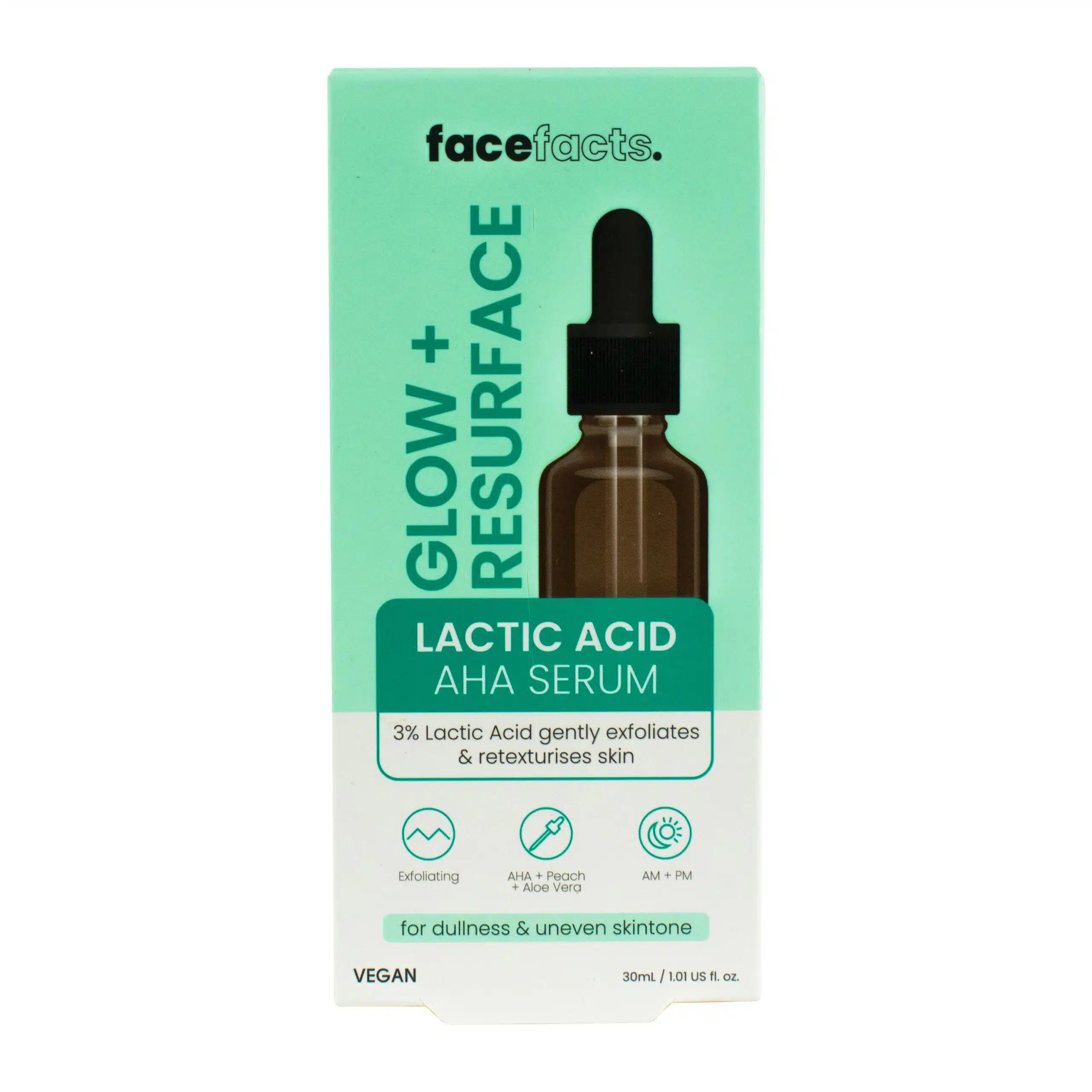30 ml bottle of Face Facts Glow & Resurface Lactic Acid Facial Serum with peach‑toned label, dropper cap, and vegan‑friendly branding, photographed on a clean white background.